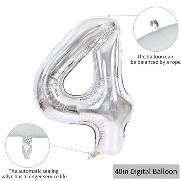 Toniful 40 Inch Silver Large Numbers Balloons 0-9, Number 4 Digital 4 Helium Balloons, Foil Mylar Big Number Balloons For Birthd