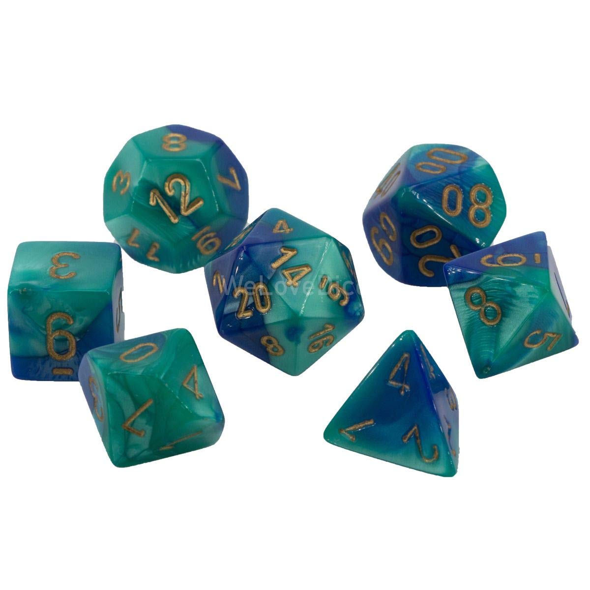Chessex Manufacturing Chx26459 Blue & Teal Cube Gemini No7 Dice  Gold Numbers - Set Of 7