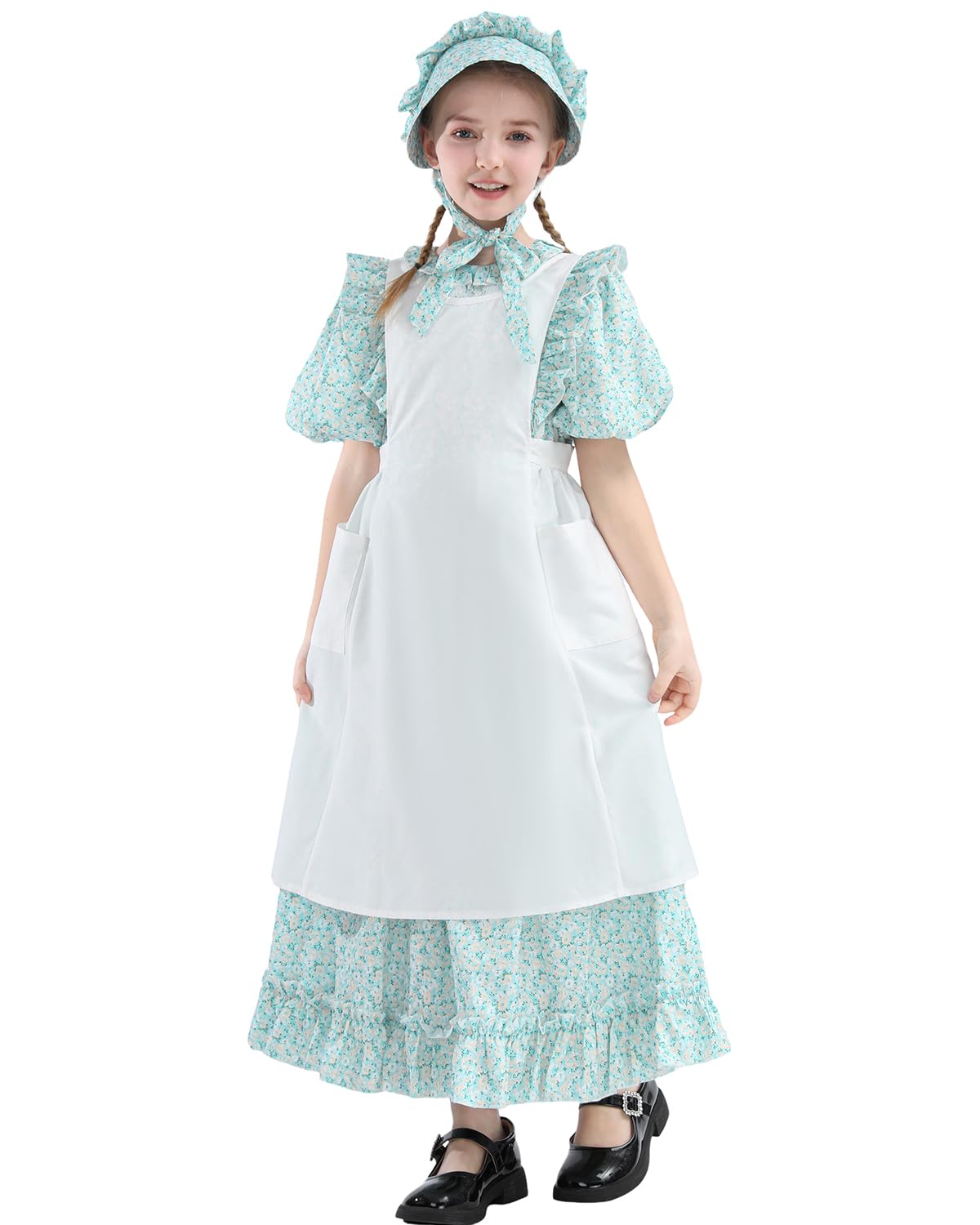 Fccam Colonial Pioneer Dresses For Girls Short Sleeve Floral Prairie Costume Green L