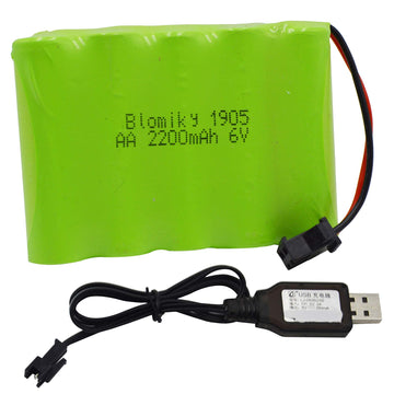 Blomiky 6V 2200mAh Ni-MH 5 AA Rechargeable Battery Pack with SM-2P Black 2 Pin Connector Plug and USB Charger Cable for RC Truck