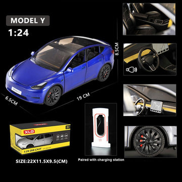 1/24 Model Y Toy Car, Alloy Diecast With Light, Pull Back & Big Size, Perfect For Kids & Adults, Birthday Gift (Blue)