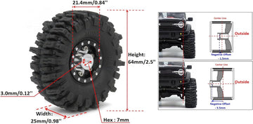 HOBBYSOUL 64mm Tall 1.0 tires & Adjustable Offset 1.0 wheels, Soft Sticky 1.0 Mud slingers Tires & Negative Offset 1.0 Beadlock