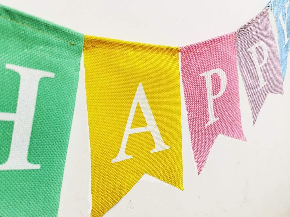 LifePassion Happy Birthday Banner with 24pcs Pennant Banner Flags, Assembled Durable Imitated Burlap Banner, Pastel Rainbow Birt