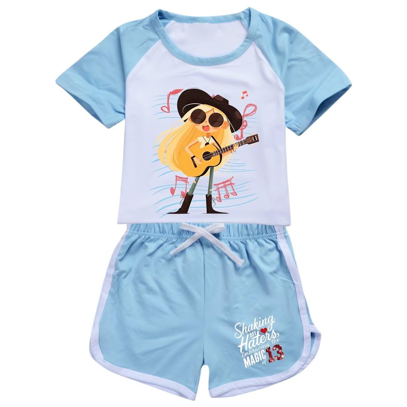 Hecendolame Short Sleeve cute Costume Princess suit Kids Children Girls T-shirt and Shorts Outfit Sets Light blue to 15-16years