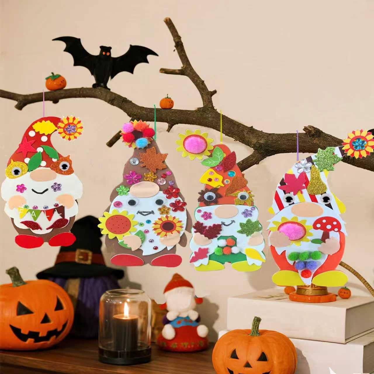 24 Sets Fall Gnome Crafts Kits for Kids,DIY Fall Harvest Gnomes Ornaments Decorations Art with Leaf Pumpkin Sunflower Foam Stick