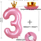 40 Inch Crown Pink Number 3 Balloon, Big Conjoined Baby Pink Foil Mylar Helium 3 Balloon For Girls 3Rd Birthday Party Decoration