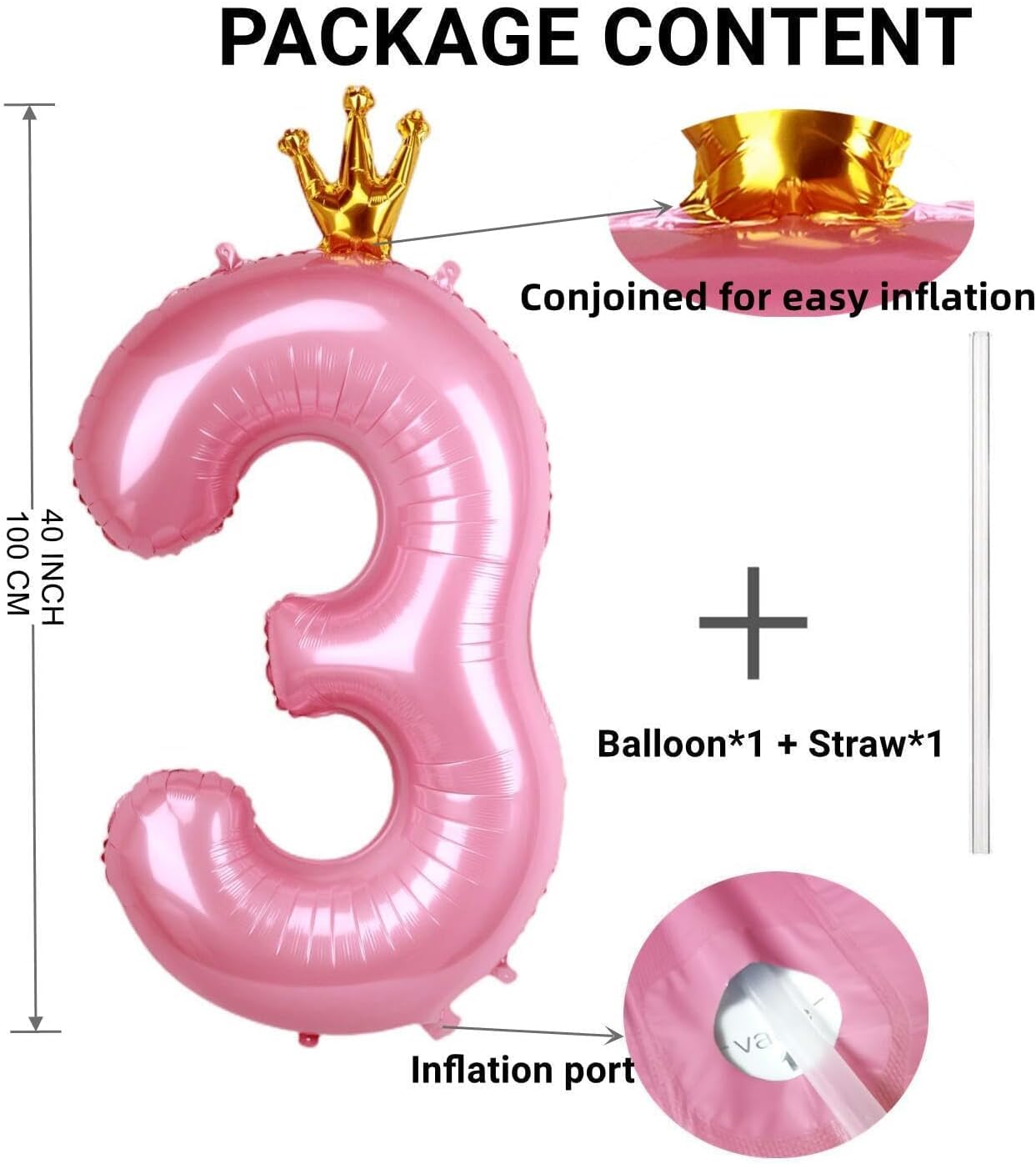40 Inch Crown Pink Number 3 Balloon, Big Conjoined Baby Pink Foil Mylar Helium 3 Balloon For Girls 3Rd Birthday Party Decoration