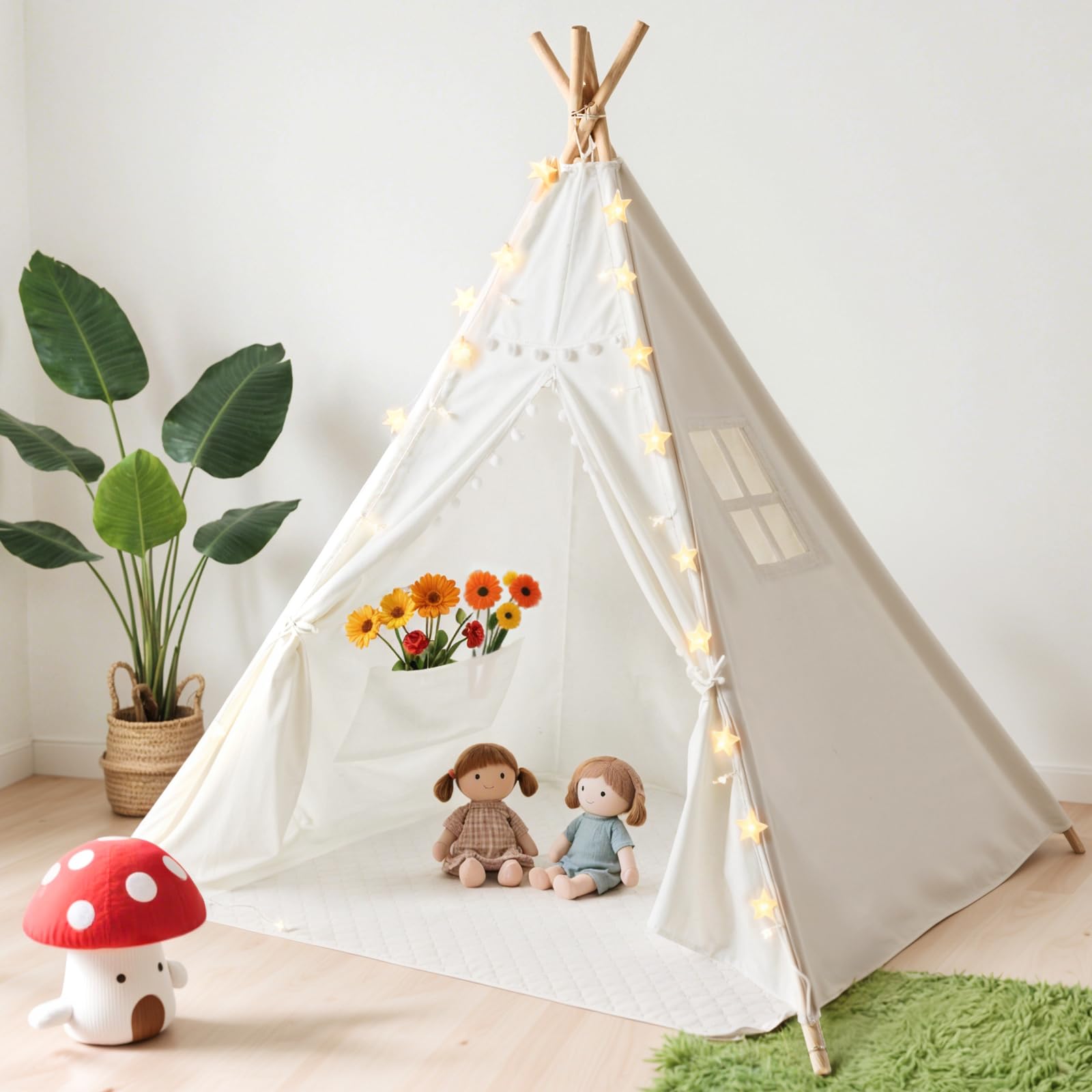 Teepee Tent with Starry Lights  Ground Mat and Pockets  Kids Teepee Tents for Indoor & Outdoor Use  Foldable Play Tents for Boys & Girls  Washable Toddler Play Tent for Birthdays & Holidays