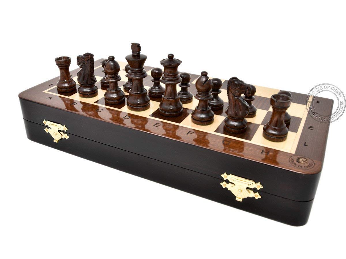 House Of Chess - 12 Inches Wooden Magnetic Folding Travel Chess Set/Board - 2 Extra Knights, 2 Extra Pawns, 2 Extra Queens & Algebraic Notation - Handmade - Premium Quality