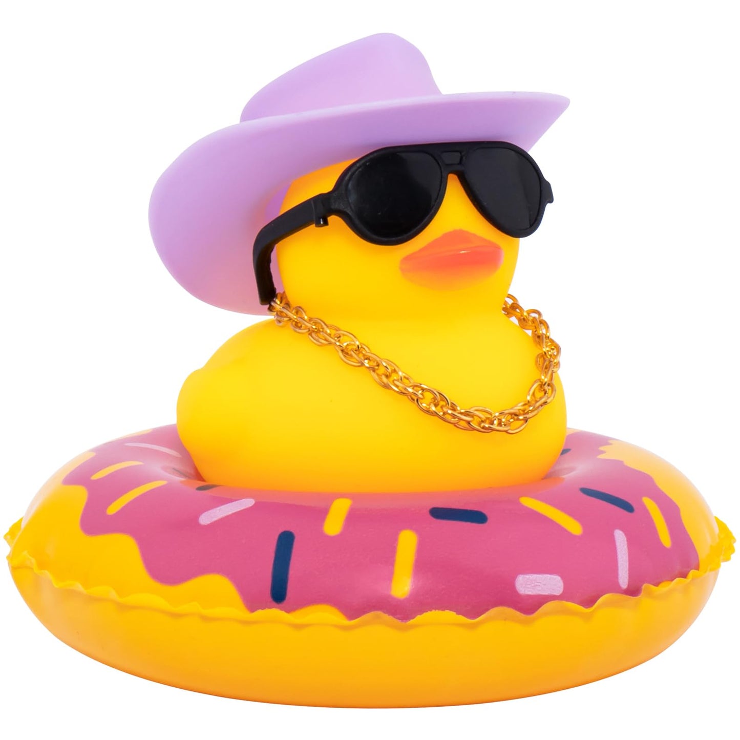 Wonuu Car Rubber Duck, Yellow Duck Decoration Dashboard With Sun Hat Swim Ring Necklace Sunglasses For Car Dashboard Decorations, Purple Cowboy Hat-Purple Donut