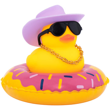 Wonuu Car Rubber Duck, Yellow Duck Decoration Dashboard With Sun Hat Swim Ring Necklace Sunglasses For Car Dashboard Decorations, Purple Cowboy Hat-Purple Donut
