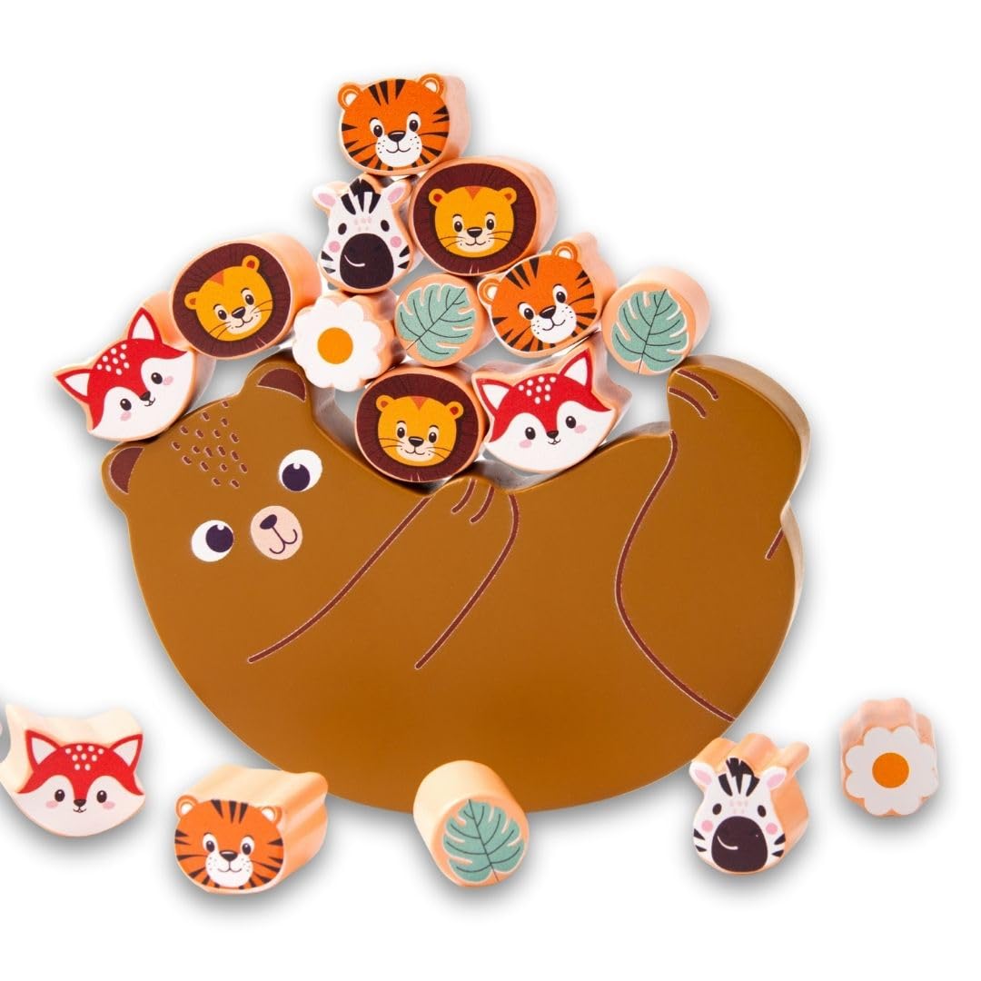 Cots And Cuddles Wooden Bear Stacking Balance Toy For Kids| Montessori Educational SkillBuilding Game | Colourful Wooden Animal