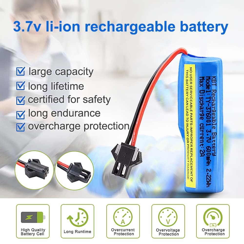 KBT 2 Pack 3.7V 600mAh Li-ion Rechargeable Battery for RC Cars, Trucks & Boats with Charger Cable