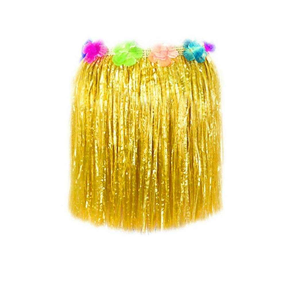 Bajotal Hawaiian Luau Hula Grass Skirt With Large Flower Costume Set For Dance Party Decorations Favors (16'' - Yellow)