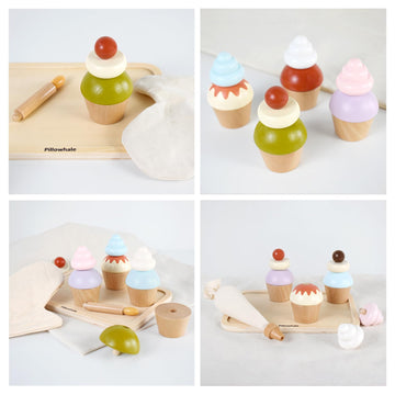 Pillowhale Wooden Cupcakes Toy,Kids Kitchen Playset,Pretend Play Food with Menu,Birthday Cake Toy for Toddlers Boys Girls Ages 3