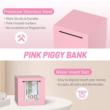 Adults Piggy Bank Must Break To Open, Unbreakable Stainless Steel Piggy Bank For Adults, Metal Savings Box For Cash Saving (Pink