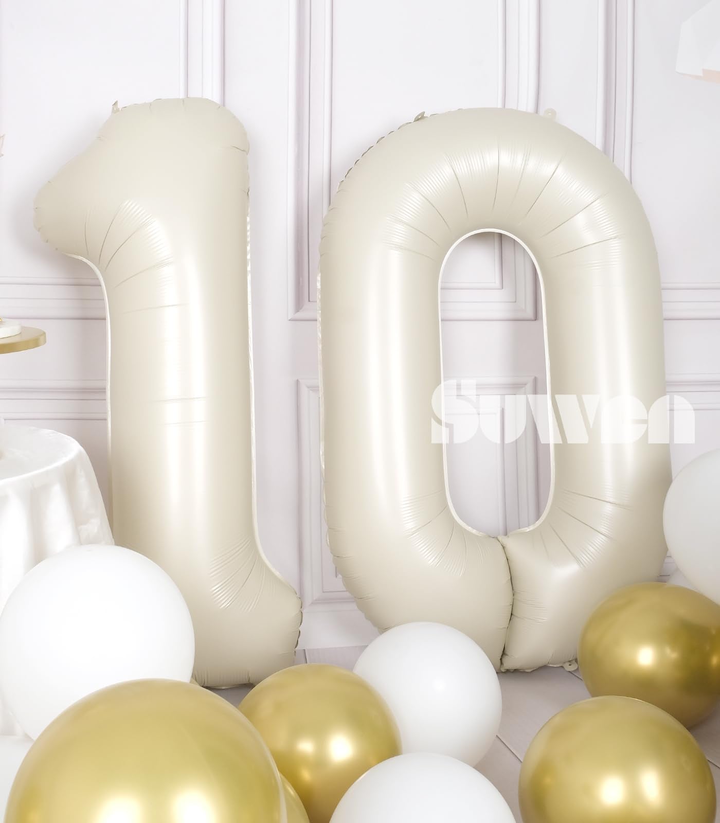 Suwen 40 Inch Cream White Large 10 Balloon Numbers Big Foil Helium Number Balloons 0-9 Jumbo Happy 10Th Mylar Birthday Party Dec