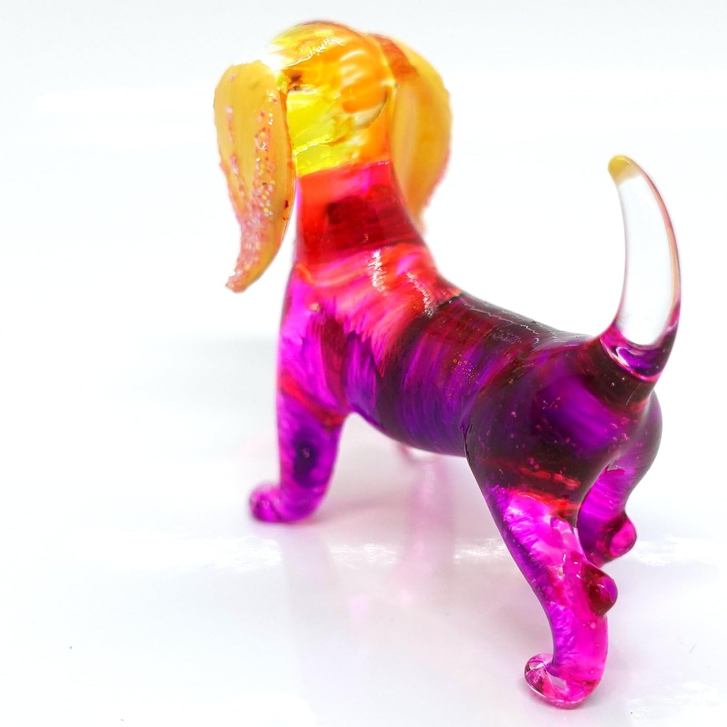 Sansukjai Dachshund Miniature Figurines Dog Animals Hand Blown Glass Art Gold Trim Collectible Gift Decorate (Pink Yellow)