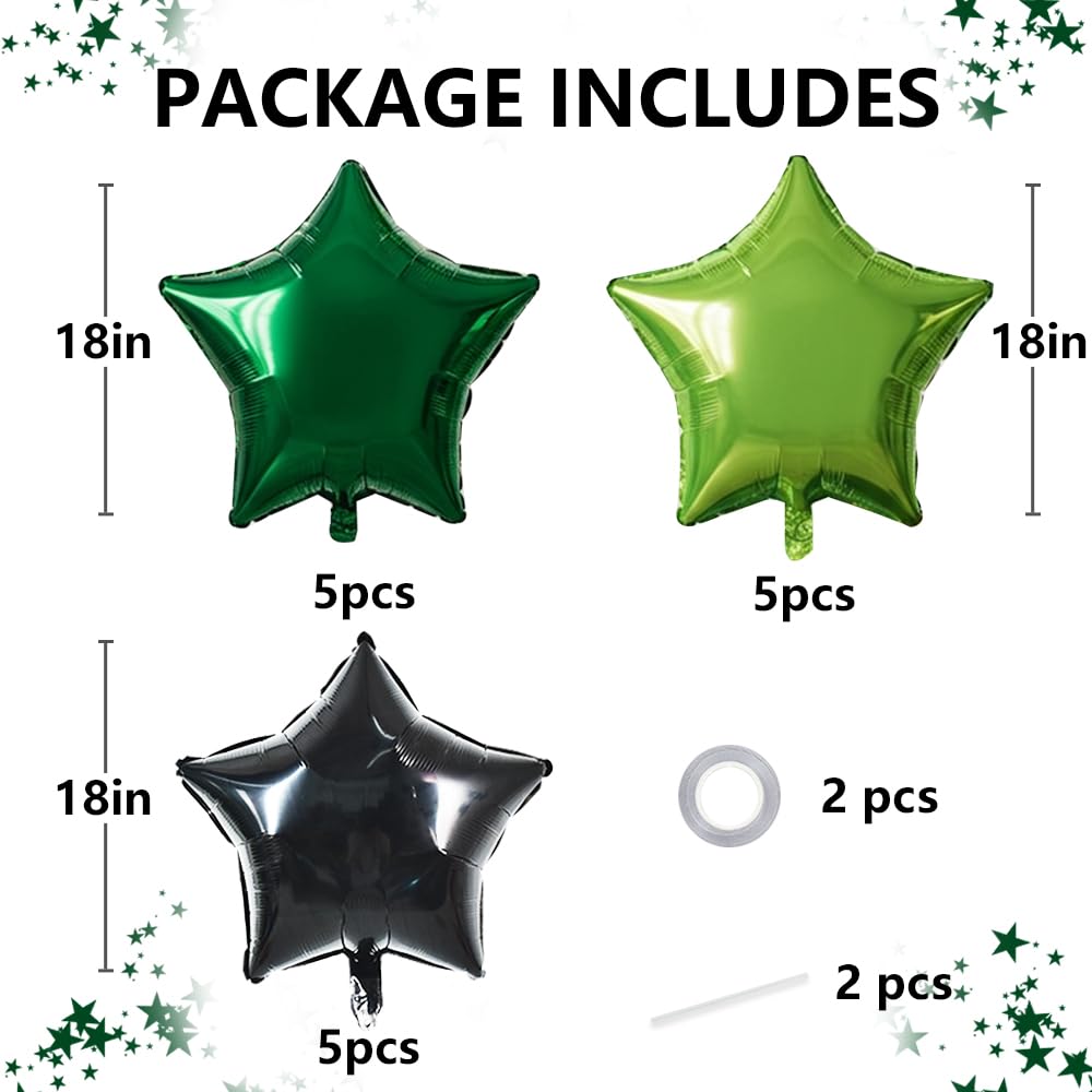 TONIFUL 15Pcs 18 Inch Large Green Black Star Shape Foil Balloons Big Stars Helium Mylar Ballons for Birthday Wedding Baby Shower