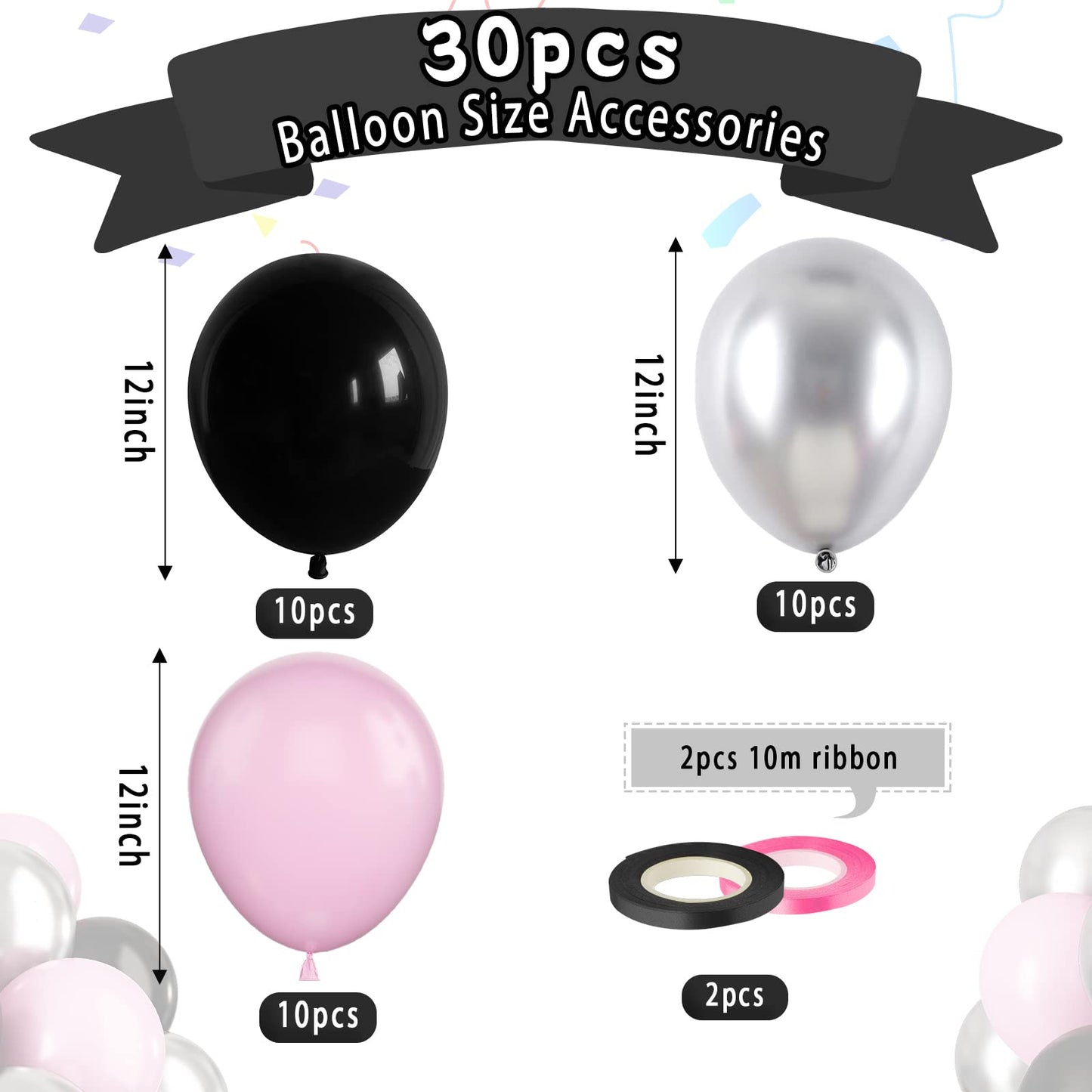 Paready Pink and Black Balloons, 30 Pcs, 12 Inch Latex Balloons for Birthday, Baby Shower, Wedding, Graduation Decor