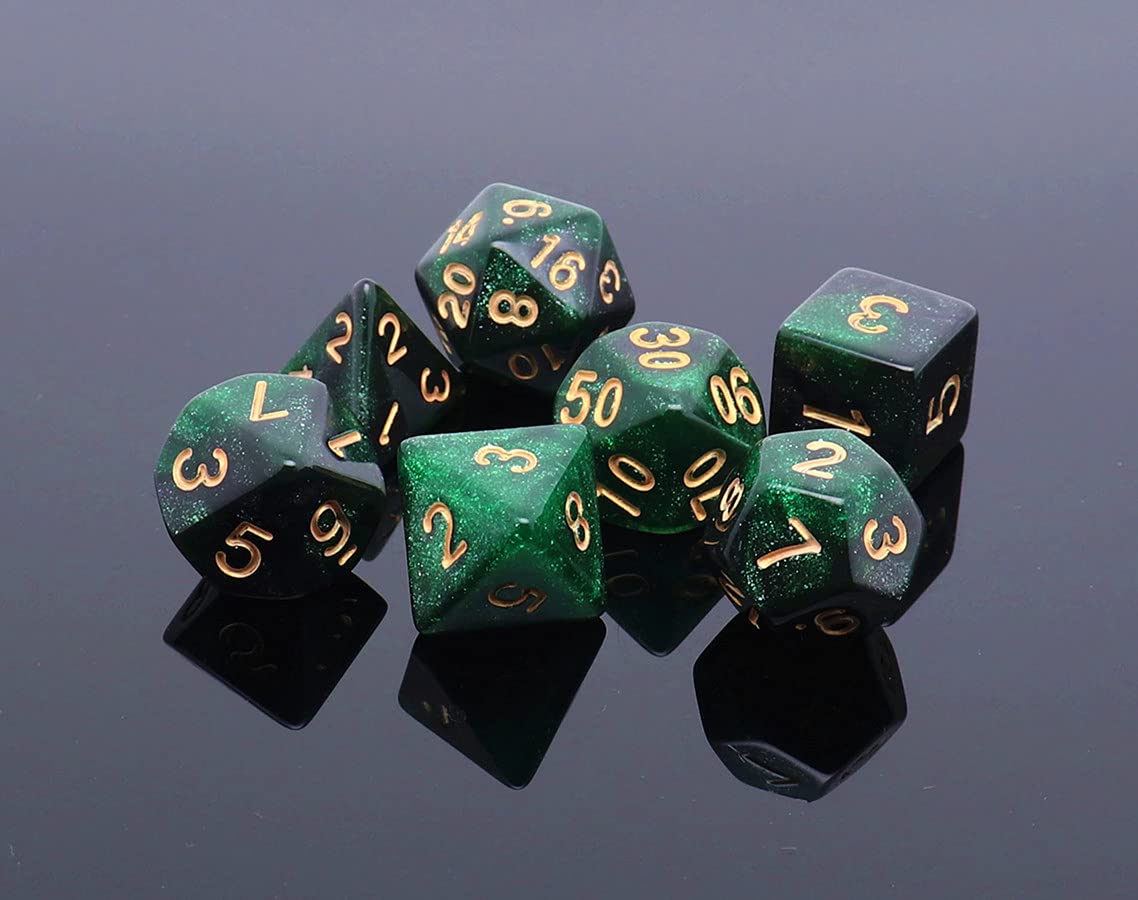 CREEBUY Polyhedral DND Glitter Dice Set - Black Mixed Green Nebula Acrylic for RPG Games