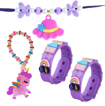 Pack Of 4 Kids Rakhi with Purple DIY Charm Bracelet Combo Set, Style 3