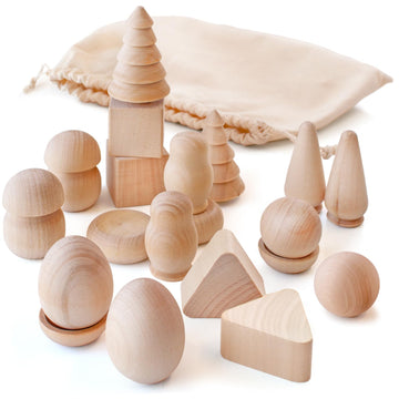 Ulanik Wonderful Bag Toddler Montessori Toys For 3 Year Old + Unfinished Wooden Figurines For Shape Sorting & Diy Painting Pyrography Decoupage Crafts — 20 Pcs