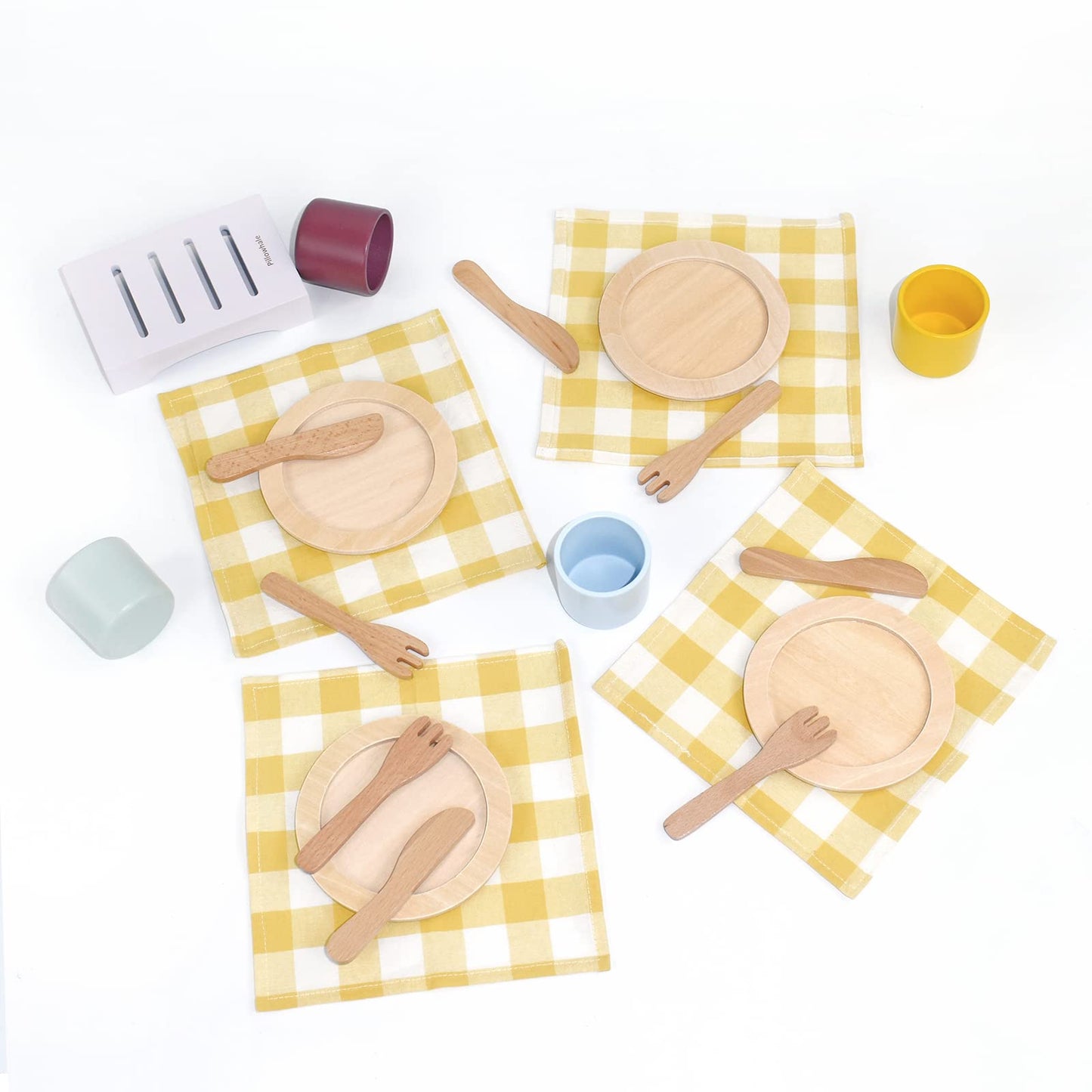 Pillowhale Wooden Toy Plates and Dishes Set,Play Kitchen Cutlery and Plate Set,21Piece Kids Kitchen Playset Accessories for Todd