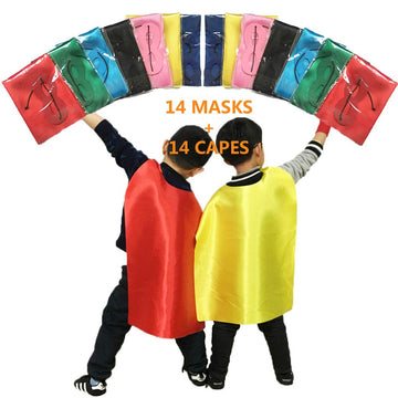 Adjoy Kids Superhero Capes And Masks For Birthday Party - Child Party Capes Bulk Pack Of 28 Pcs (14 Sets)
