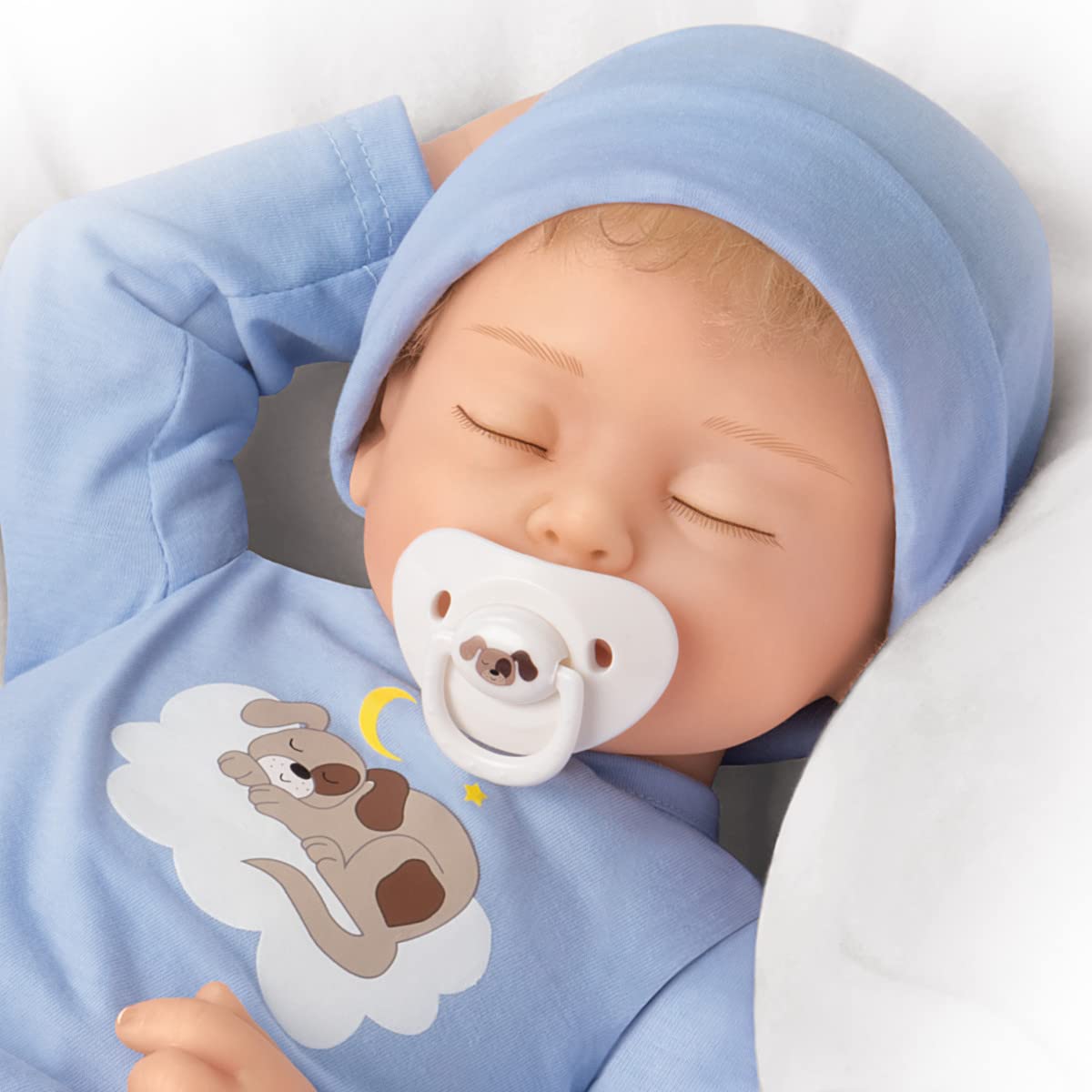 So Truly Real Puppy Over The Moon Vinyl Baby Doll by Artist Mayra Garza Featuring A Custom Footed Sleeper Outfit with Hat