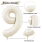 40 Inch Cream Number 9 Balloon, Beige Large 9Th Birthday Balloons, Digital 9 Cream White Giant 9 Foil Balloon Helium For Boys Gi