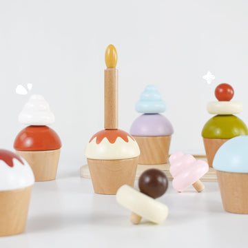 Pillowhale Wooden Cupcakes Toy,Kids Kitchen Playset,Pretend Play Food with Menu,Birthday Cake Toy for Toddlers Boys Girls Ages 3