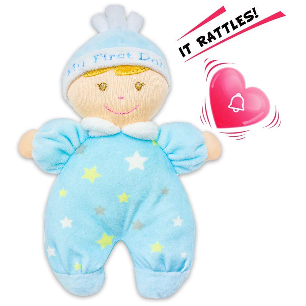 June Garden 9' My First Doll Noah - Soft Plush Baby Doll With Rattle - Baby Blue Outfit