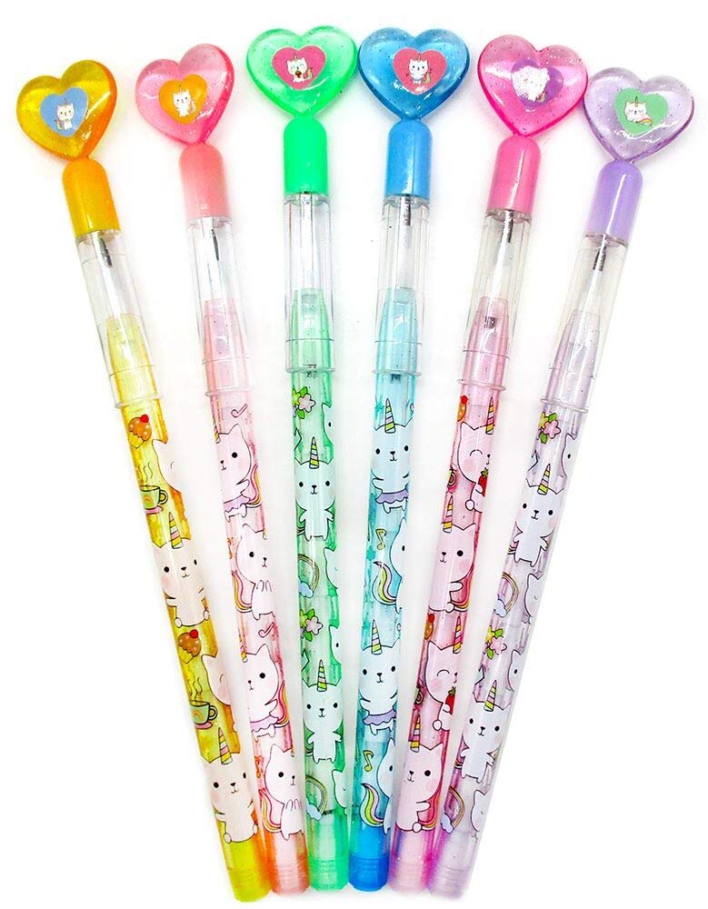 TINYMILLS Unicorn Kitty Stackable Pencils with Erasers, Multi-colored, 24 Pcs, Ideal for Birthday Party Favors and Classroom Rewards