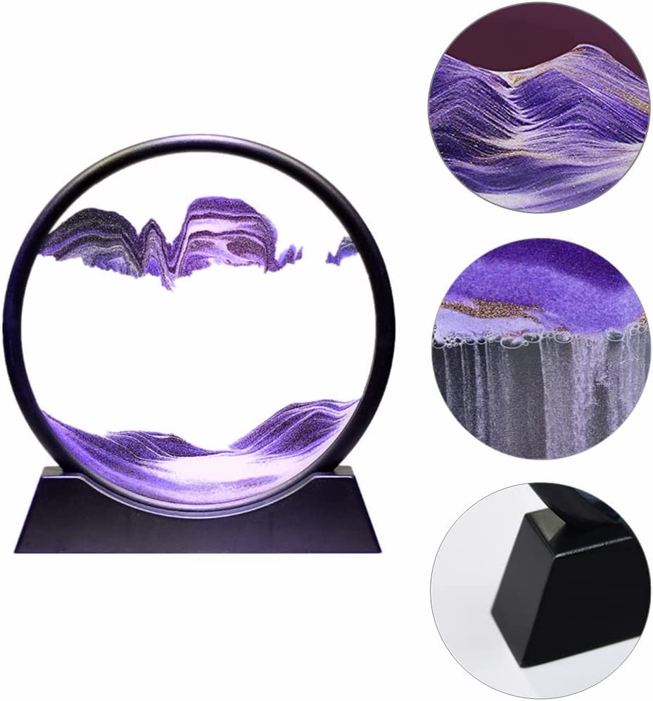 Moving Sand Art Picture, Round Glass 3D Deep Sea Sandscape In Motion Display, Flowing Sand Frame, Sensory Relaxing Desktop Home Office Work Desk Decor (7 Inch, Purple)