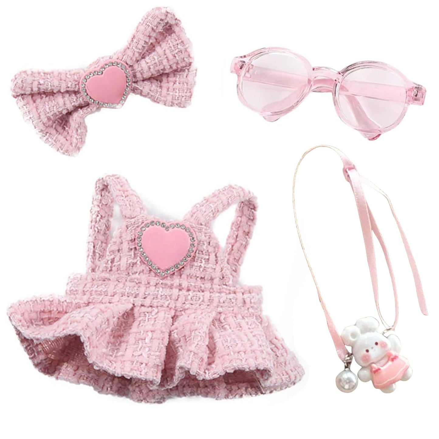 6.7in/17cm Doll Clothes Set(NO Doll)  4 Pcs Outfit Set Includes enhanced Fashion Dresses & Bow Hairpin & Glasses & Cute Rabbit Charm  elegant Chic Doll Clothing Accessories