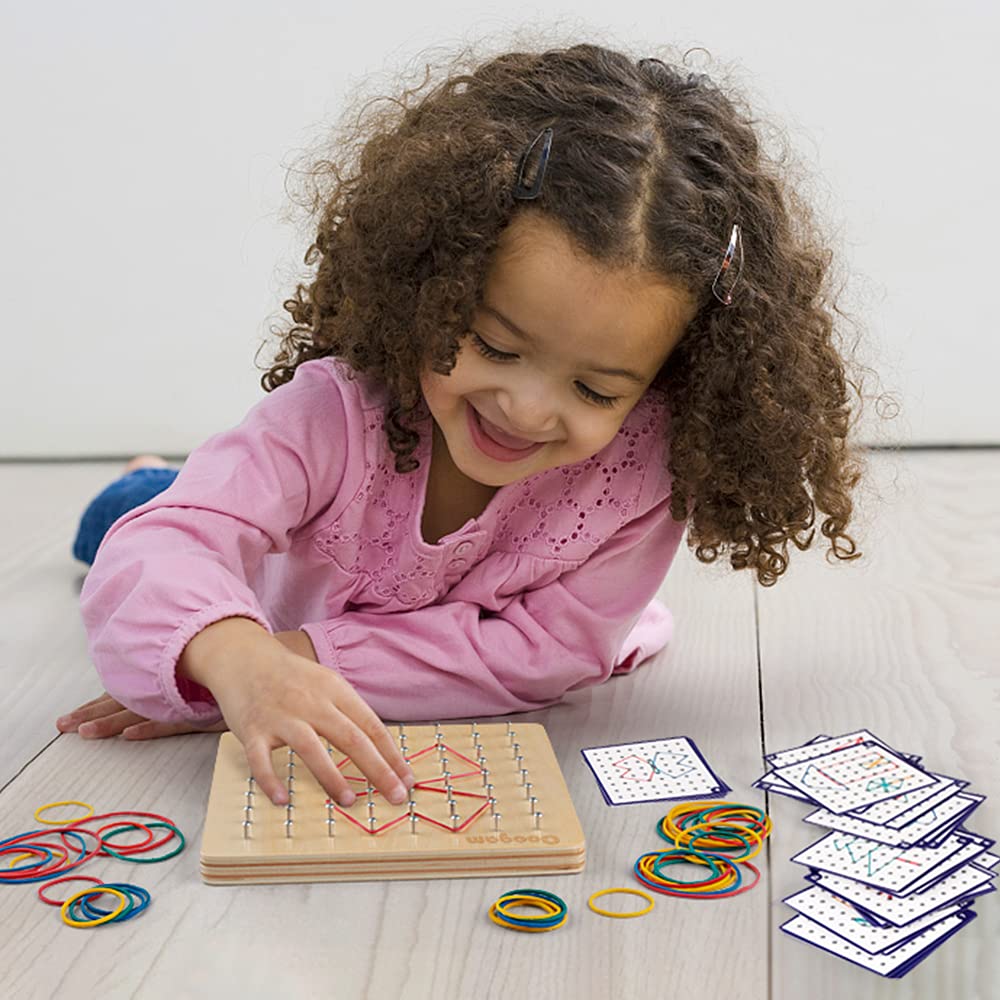 Coogam Wooden Geoboard - 8x8 STEM Puzzle with 30 Pattern Cards & Latex Bands, Multi-color Educational Toy for Kids
