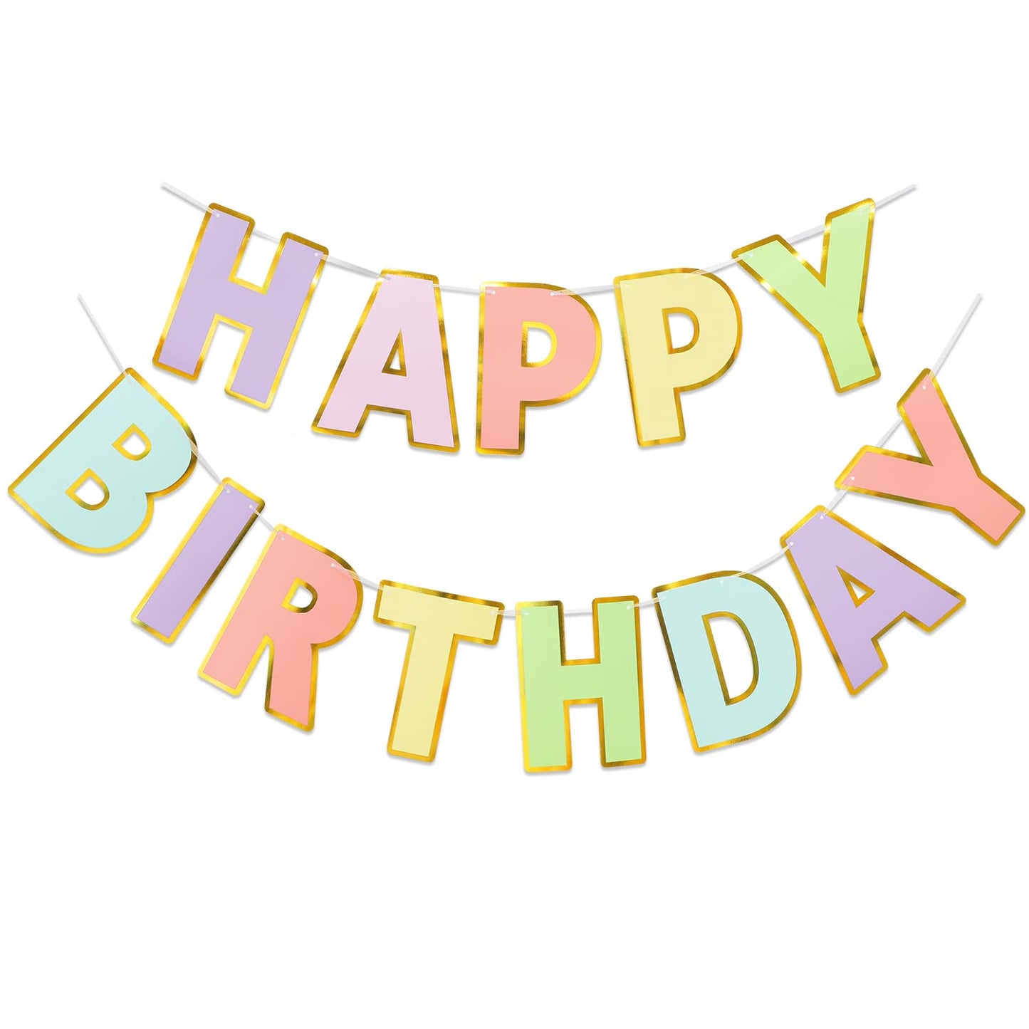 LITAUS Happy Birthday Banner - 9ft Pre-Strung Pastel Decorations, Reusable Paper Backdrop for All Celebrations, Model BD-B01