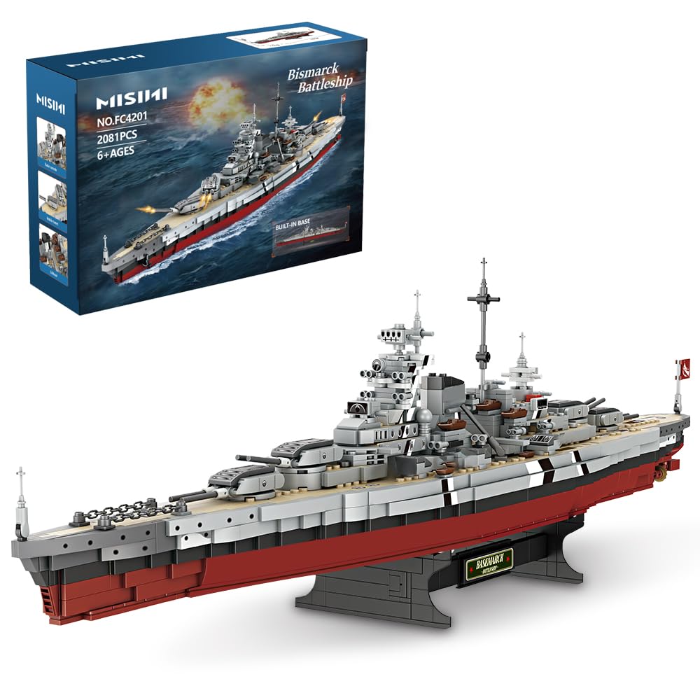 MISINI Technik FC4201 German Battleship Bismarck Clamp Blocks  2081 PCs/MOC Large WWII German Military Warship Marine Battleship Model for mature-themed