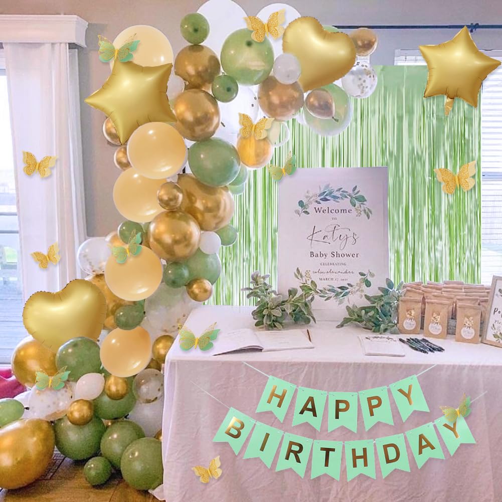 Msmancy Sage Green Birthday Decorations For Women Men 65Pcs With Happy Birthday Banner Curtains Butterfly Heart Star Led Light A