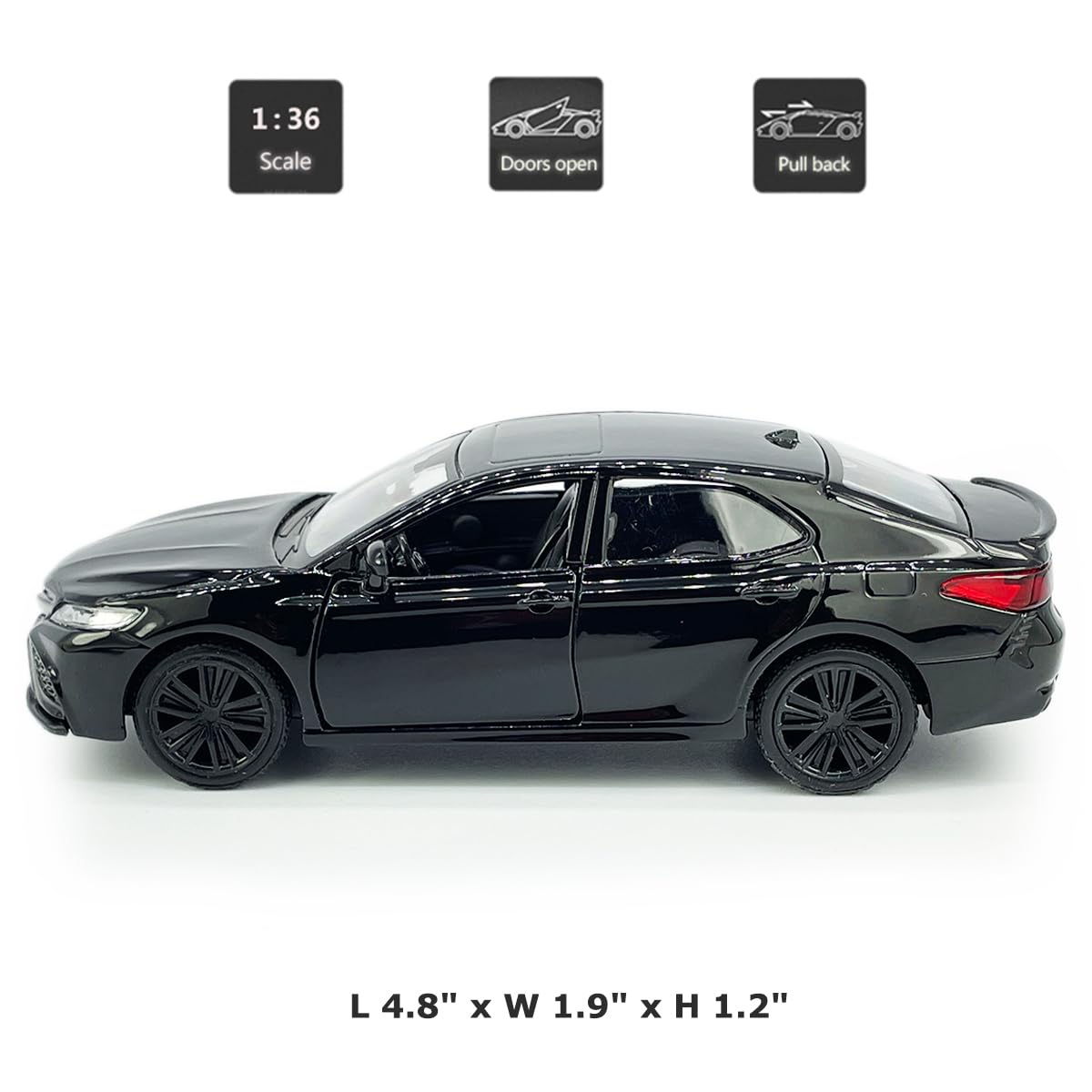 Camry XSE 2022 Model Car 1/36 Scale Diecast Toy Cars Metal Alloy Childrens Die-cast Vehicles, Pull Back Doors Open, Black Rim, C