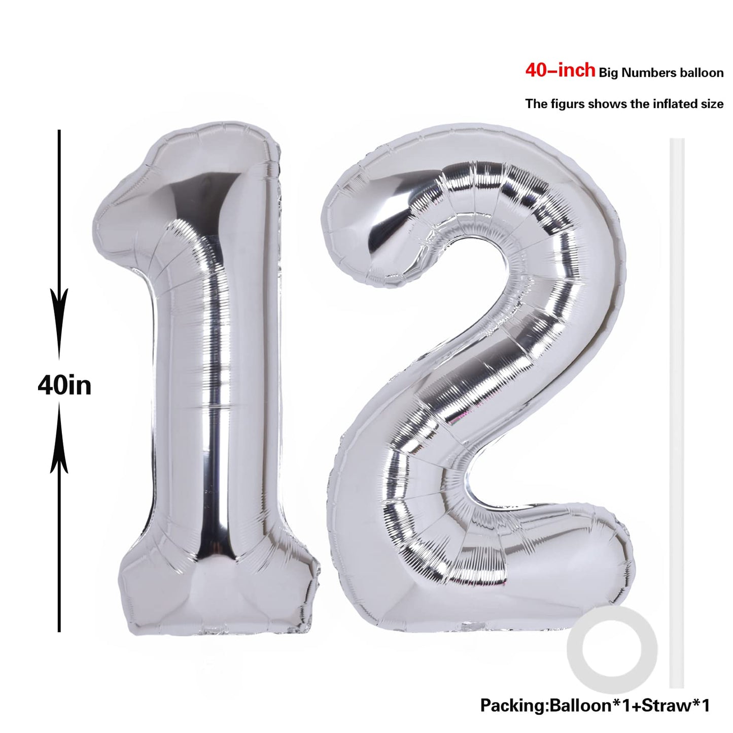 40 Inch Number 12 Balloon Silver Jumbo Giant Big Large Number 21 Foil Mylar Silver Balloons 12Th Birthday Party Anniversary Deco