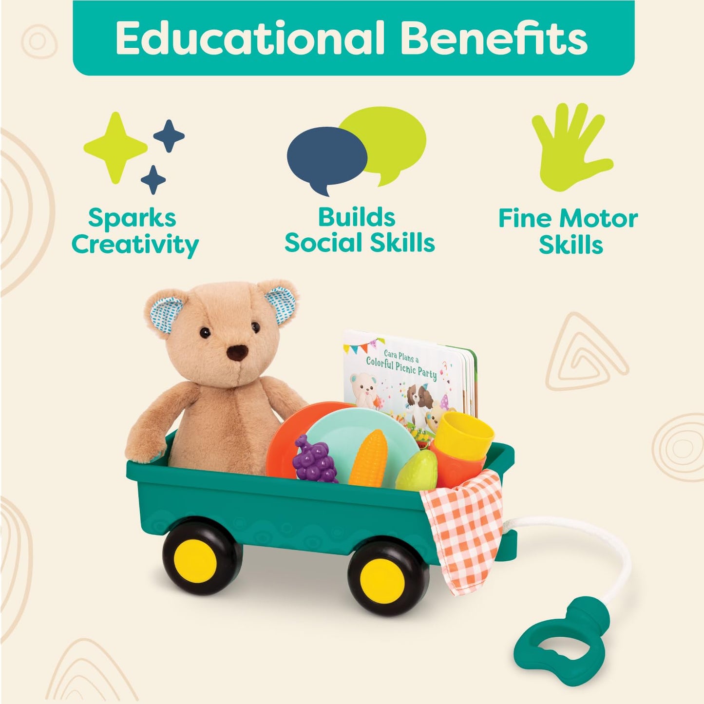 B. Toys- Happyhues - Cara-Mellow Bear Playset- Plush Bear With Picnic Play Set-Board Book - Wagon & Play Food - 18 Months +
