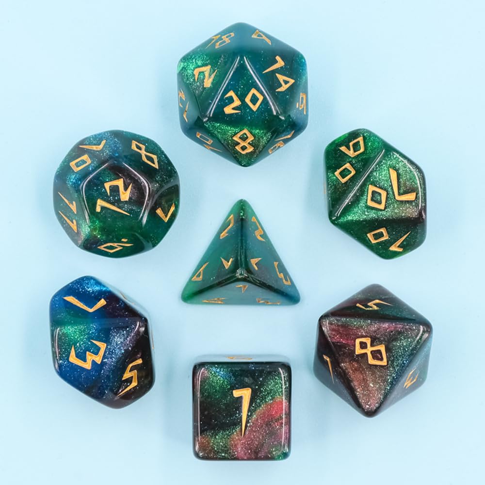 Glitter Purple Green Mixed Colour Dice Set, Polyhedral Dice Set Filled with Shiny Glitters, Polyhedral DND Dice Set for Dungeons
