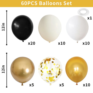 Dagelar Black Gold Beige Balloons, 60Pcs Black Gold White Sand Balloons Party Balloons With Metallic Gold Confetti Party Balloon