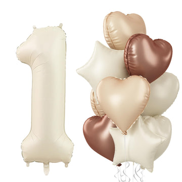 40 Inch Cream 1 Balloon Decor, Beige Tan Brown Heart Balloons, Foil Neutral Nude Sand White Helium Star Number 1 Balloons For Gi