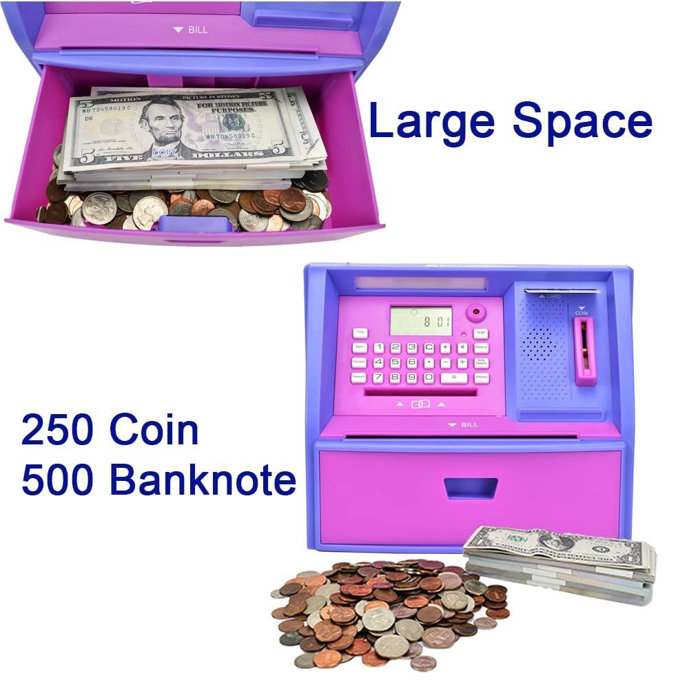 Atmbnk Interactive Atm Piggy Bank For Kids, Safe Money Saving Toy With Password Protection, Coin Recognition, Bill Insertion, For Boys And Girls Aged 5-12 (Purple)