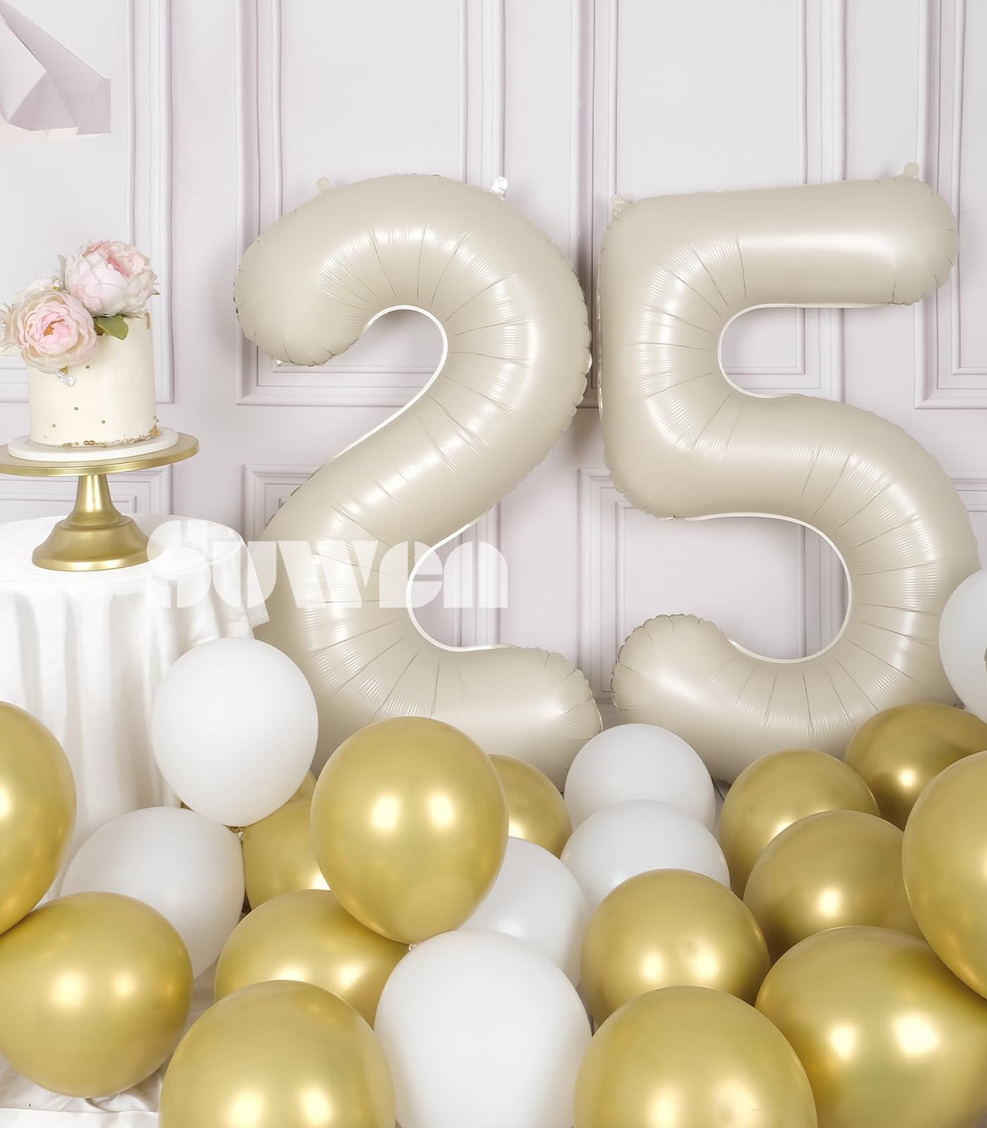 SUWEN Jumbo 25th Birthday Foil Number Balloons 0-9, Cream White Vinyl, 40 Inch, Happy Anniversary Party Decorations