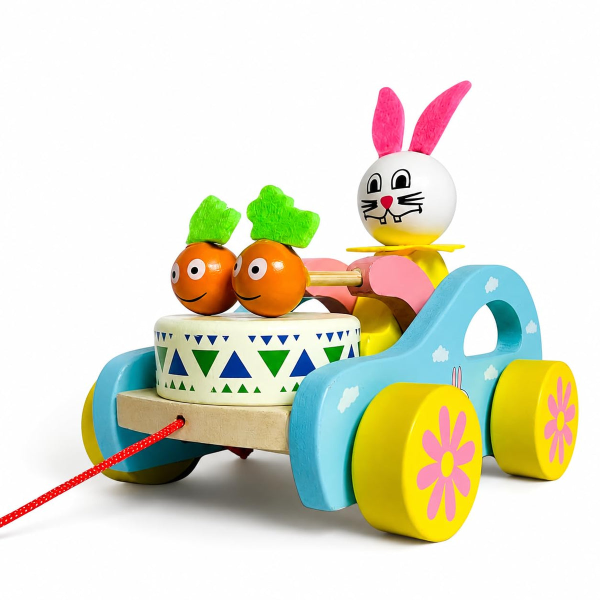 Marvelstore Wooden Pull Along Toy Of Cute Rabbit Drumming Pull Along Car With Attached String | Wooden Drum Musical Pull Along T
