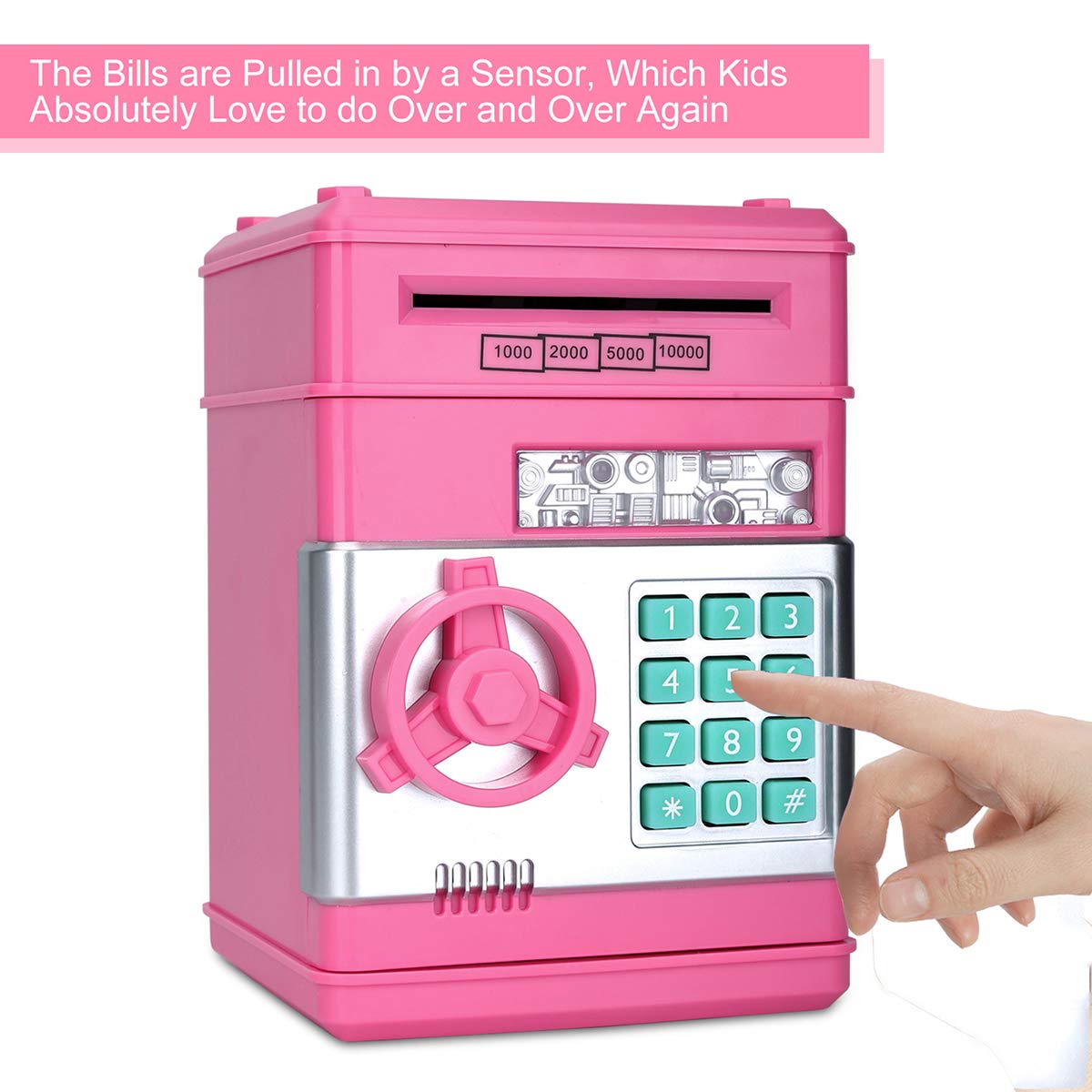Adsoner Toy Piggy Bank, Electronic Atm Password Cash Coin Can Auto Scroll Paper Money Saving Box Gift For Kids (Light Pink)